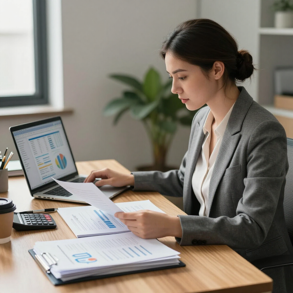 A professional in a gray blazer reviews financial documents and a laptop with data charts at an office desk.
