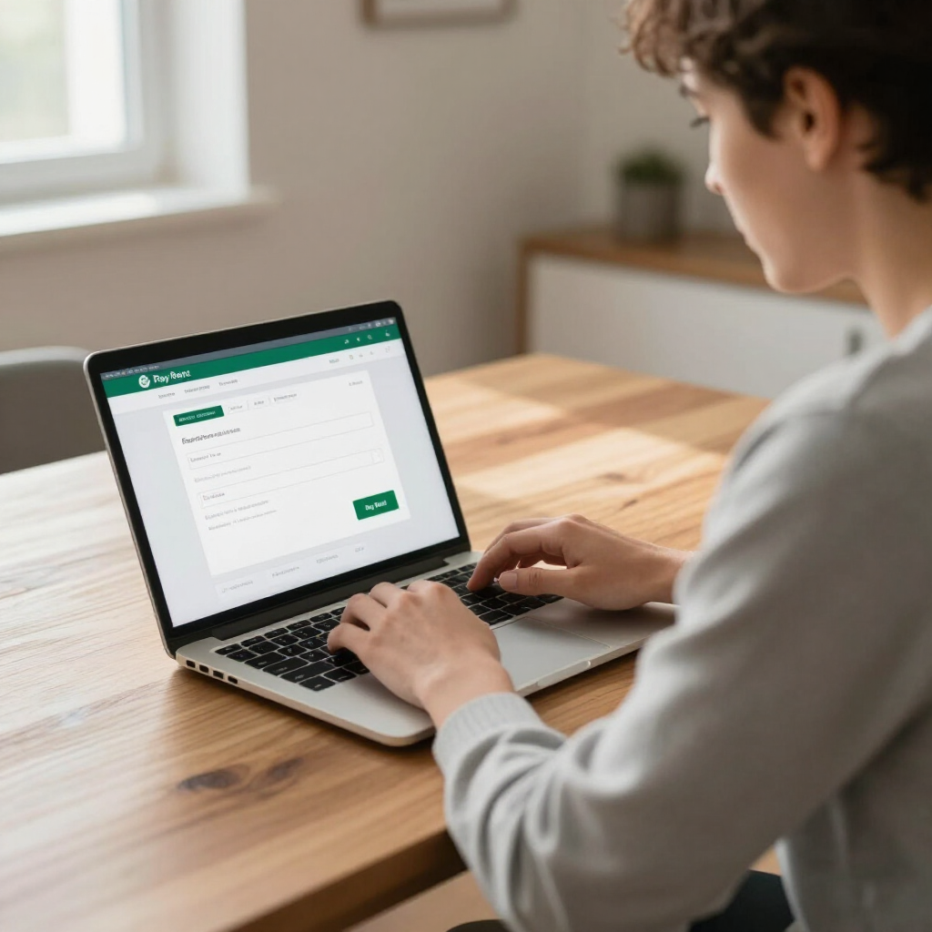 A person in a gray sweater works on a laptop at a wooden table in a bright room, viewing a web form on the screen.