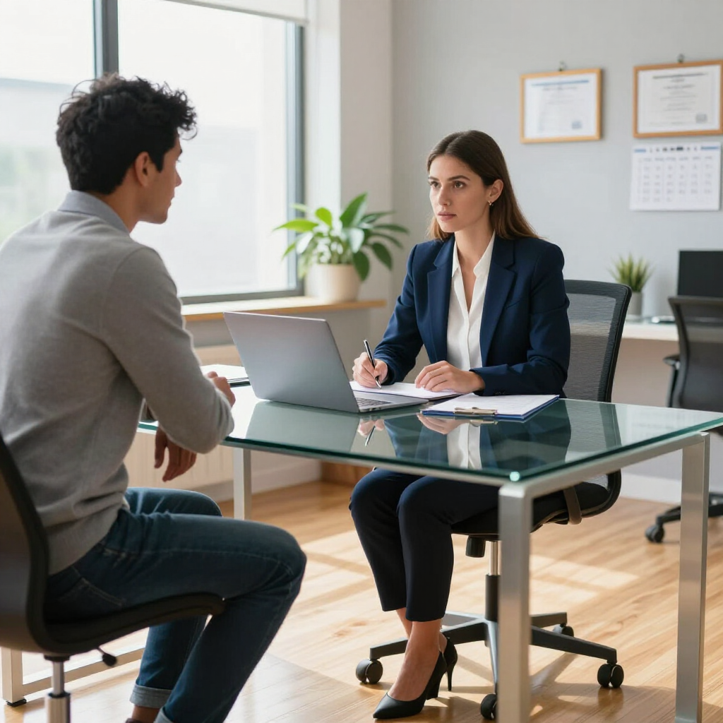 A professional seated at a desk holds a pen during an interview with a candidate in a bright, modern office setting.