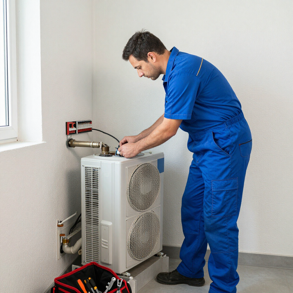 A worker in a blue uniform installs or services an indoor air conditioning unit mounted on a white wall.