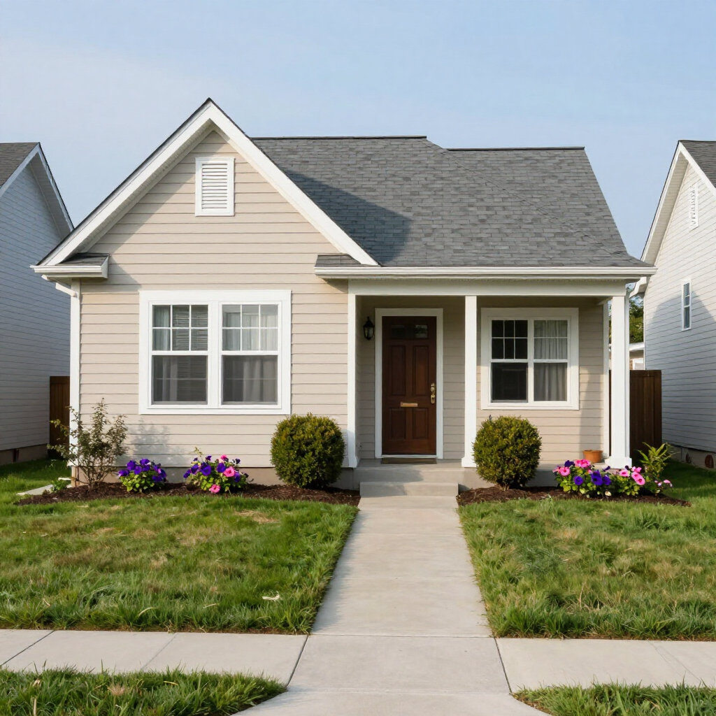 A one-story tan house with a dark brown front door, gray roof, and a sidewalk leading to the covered porch.