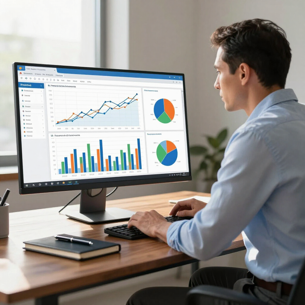 A person sits at a desk working on a computer screen displaying various data charts and graphs in a bright office.