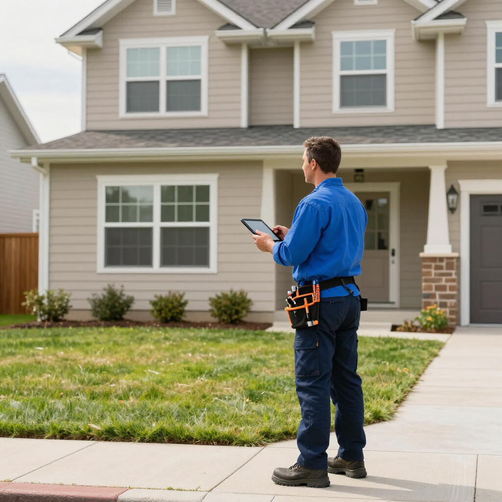 A worker in a blue uniform stands on a sidewalk, holding a tablet and inspecting a two-story beige house.