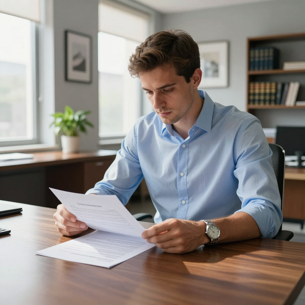 A person in a light blue shirt sits at a wooden desk reading a document in a well-lit, professional office setting.