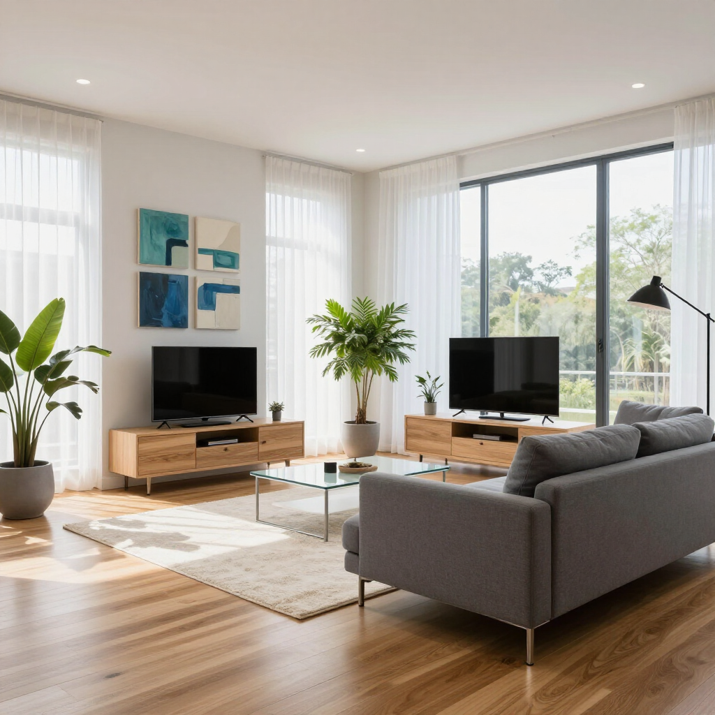 Modern living room with a grey sofa, wood media consoles, a large plant, and a large window with sheer white curtains.
