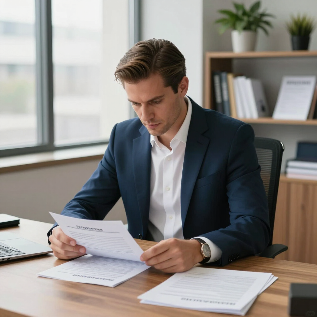 A professional sitting at a wooden desk in an office, reviewing documents with a focused expression.