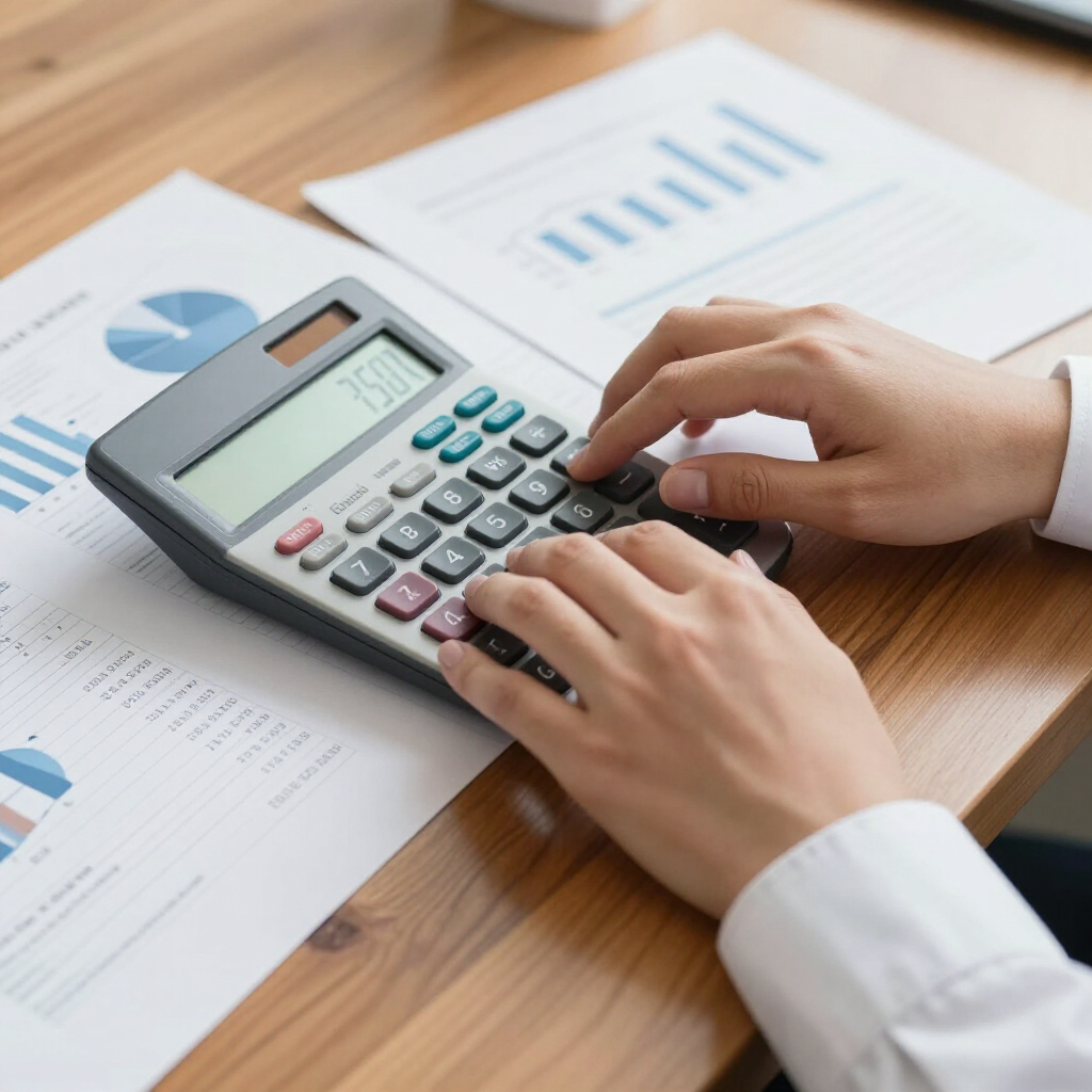 Hands in white sleeves use a calculator on a wooden desk with financial charts and documents.