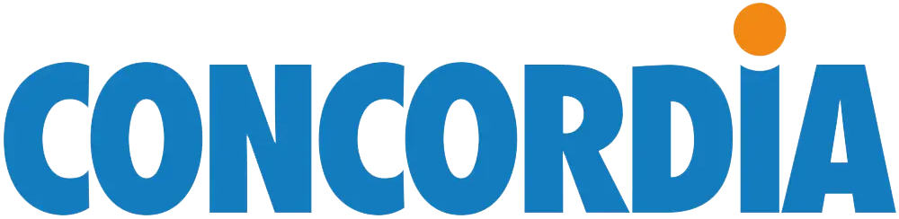 Blauer Text „CONCORDIA“ mit einem kleinen orangefarbenen Kreis über dem Buchstaben „D“.