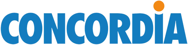 Blauer Text „CONCORDIA“ mit einem kleinen orangefarbenen Kreis über dem Buchstaben „D“.