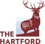 The Hartford logo: a maroon stag with large antlers, standing next to a blue and white square; text 