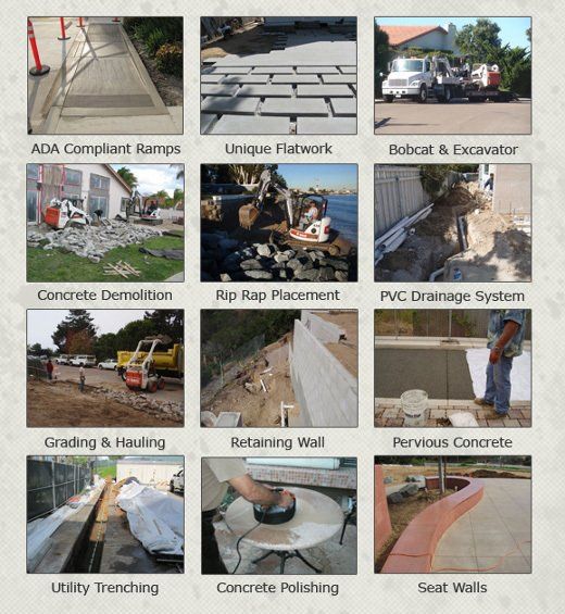 services | High Grade concrete & excavation | Grand Junction, CO 81501; ADA Compliant Ramps, Retaining walls, Drainage Systems, Decorative Concrete, and Pervious Paving. We specialize in commercial and residential foundation concrete and flatwork. We also operate a fleet of skids, loaders, excavators, and dump trucks for all your demolition, grading, excavation, and hauling needs.
ADA Compliant Ramps, Unique Flatwork, Bobcat & Excavator, Concrete Demolition, Rip Rap Placement, PVC Drainage System, Grading & Hauling, Retaining Wall, Pervious Concrete, Utility Trenching, Concrete Polishing, and Seat Walls.