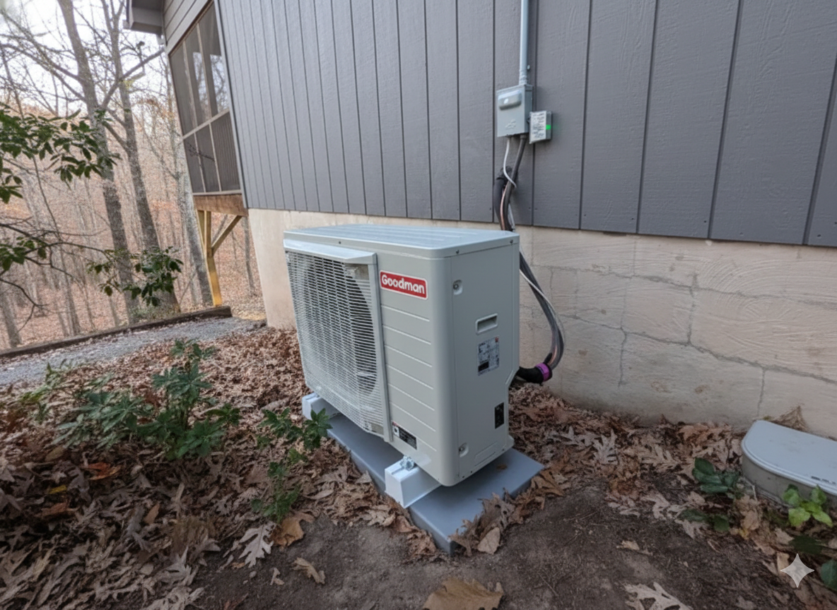 Air conditioning unit next to a gray house, set on concrete blocks.