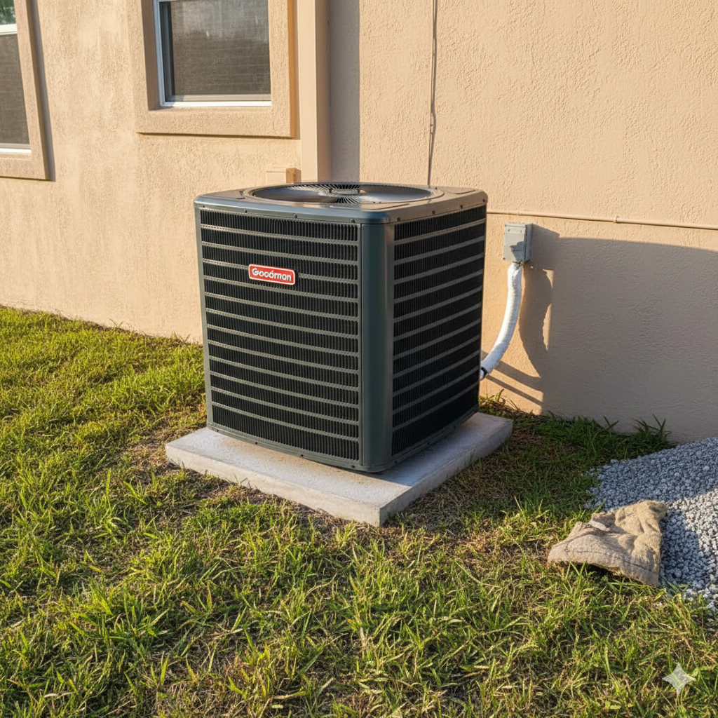 Air conditioner unit on concrete base, next to building with window and grass.