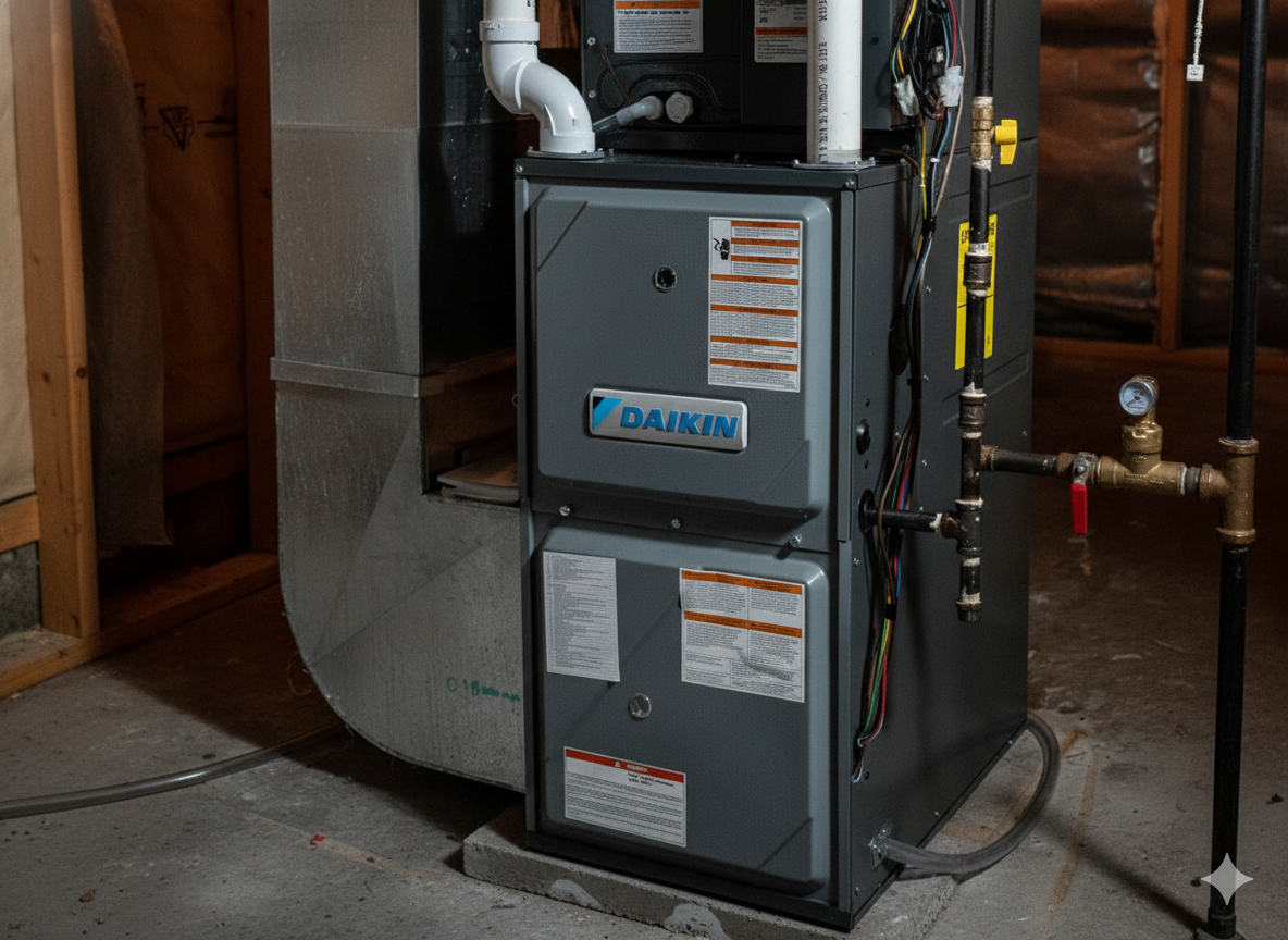 Gray Daikin furnace in a basement setting.