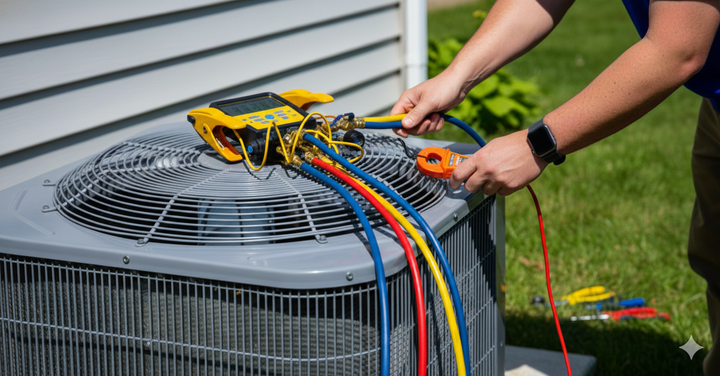 A technician connecting hoses to an AC unit for maintenance outdoors.