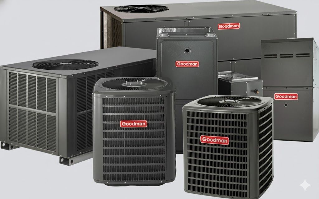 Multiple Goodman brand air conditioning units, various sizes, black, outdoors.