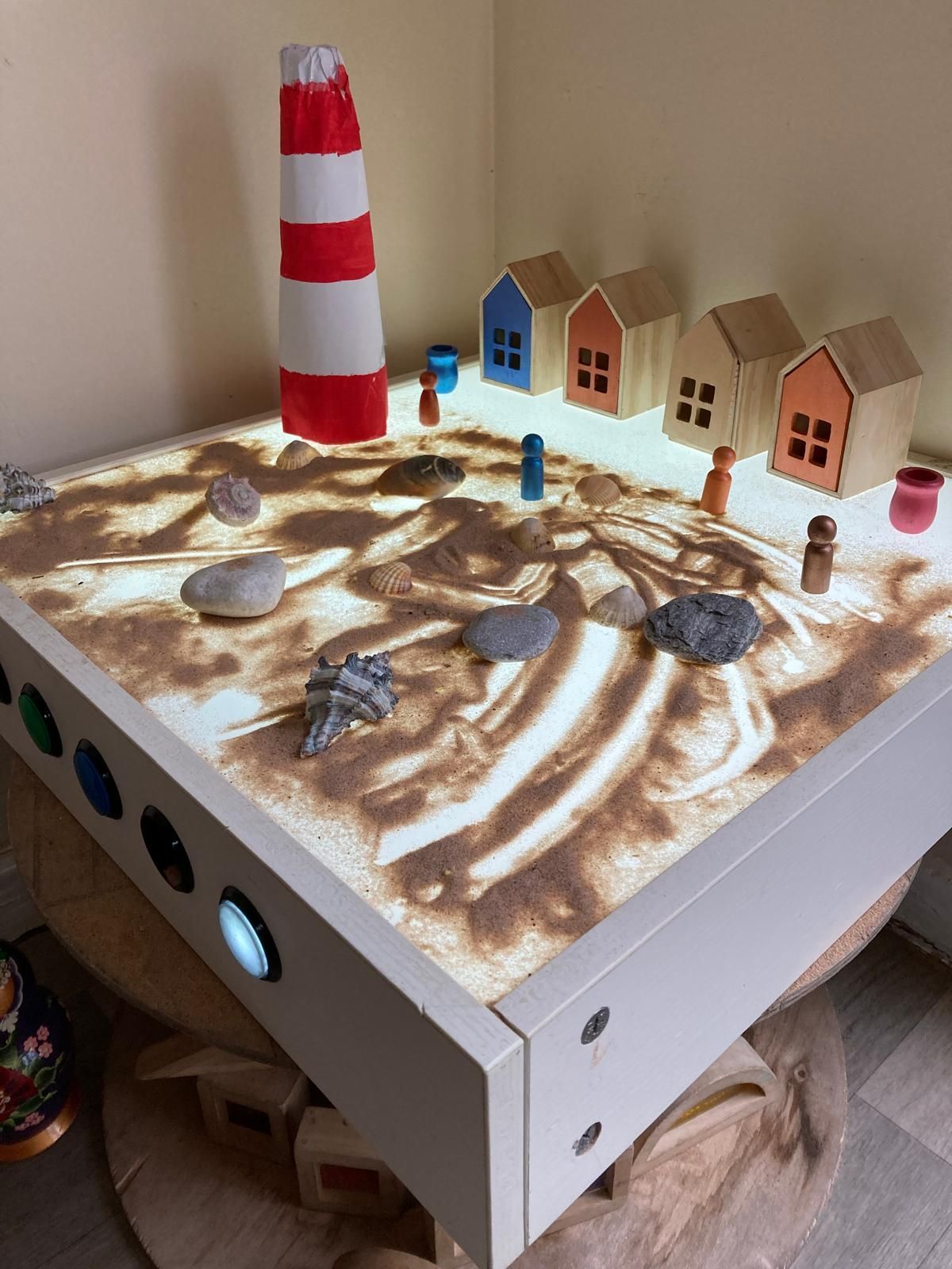 A table with houses and a lighthouse on it