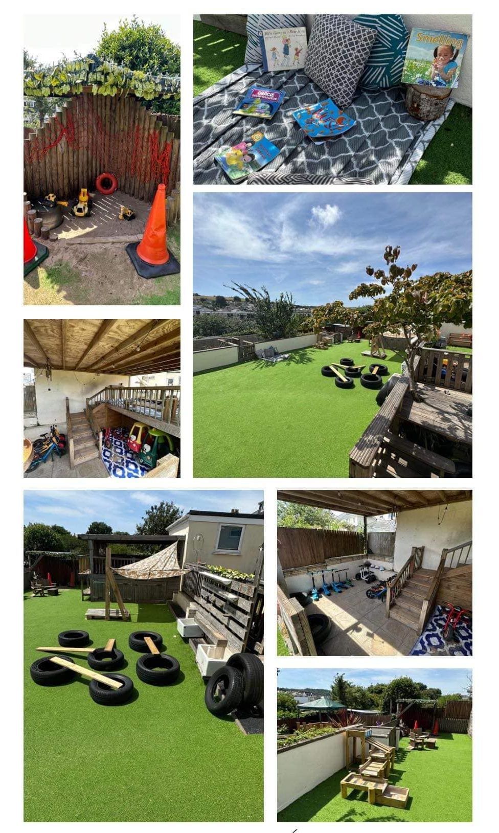 A collage of pictures of a playground with a lot of toys