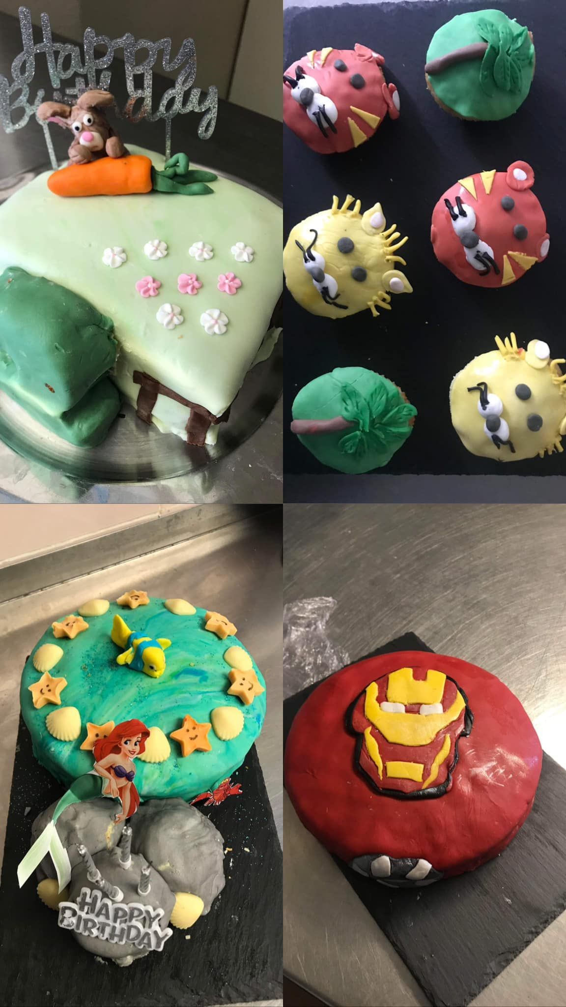 A collage of four pictures of different cakes and cupcakes