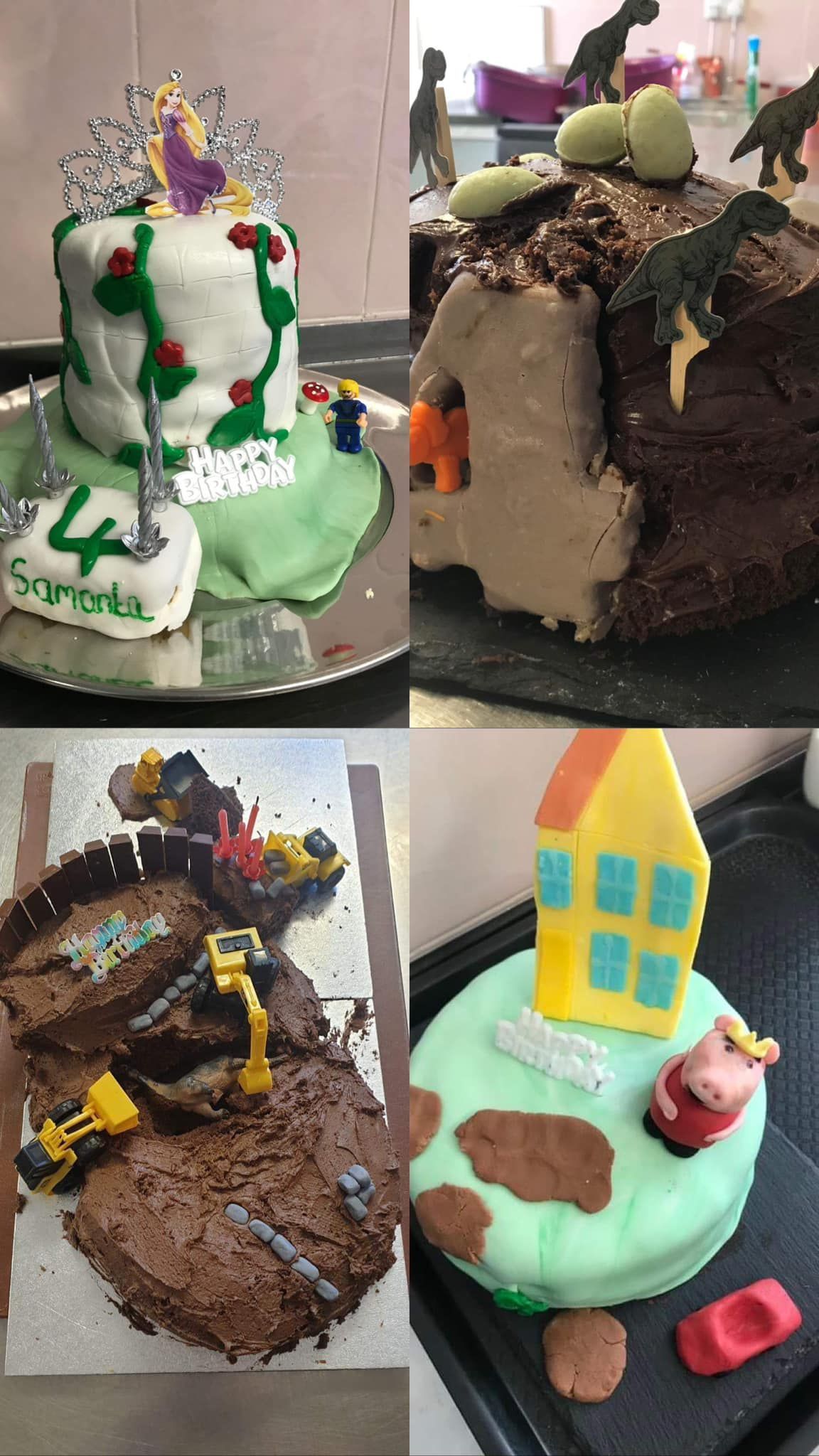 A collage of four cakes with one that says aurora on it
