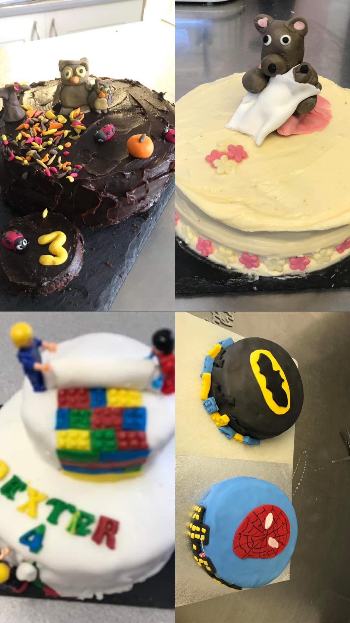 A collage of four cakes with one that says matter 4 on it