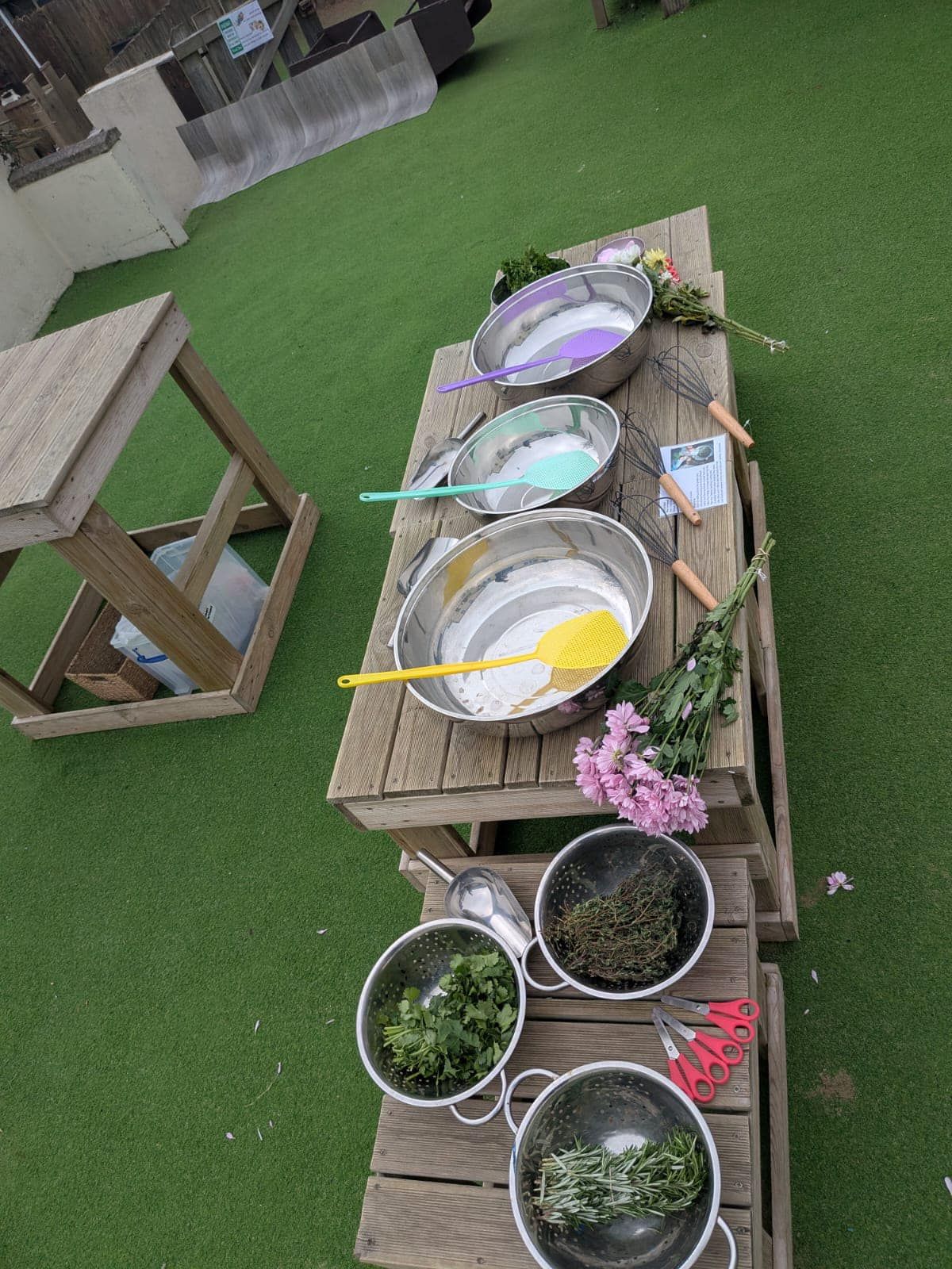 A wooden table with bowls and spoons on it