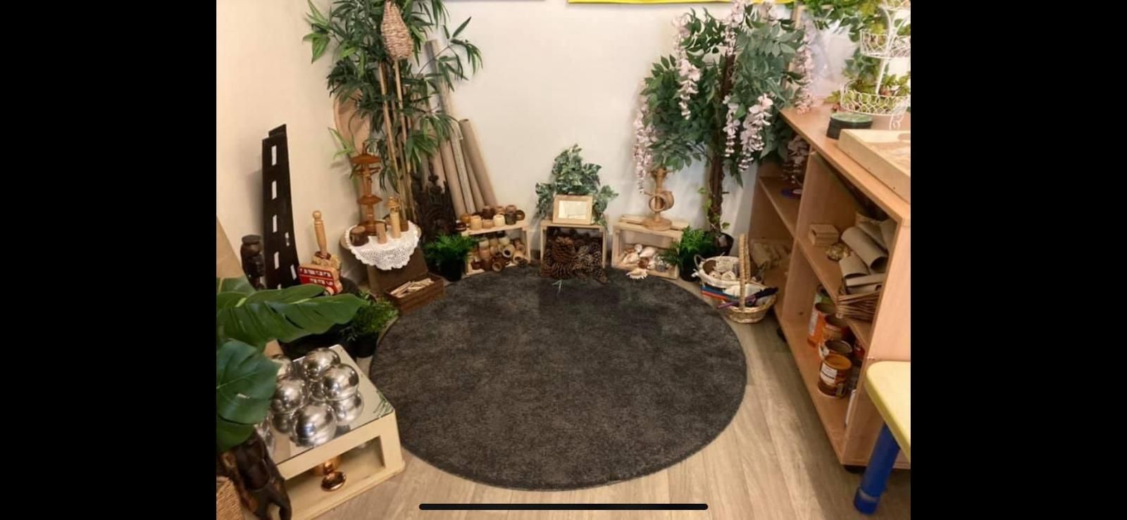 There is a round rug in the middle of the room.