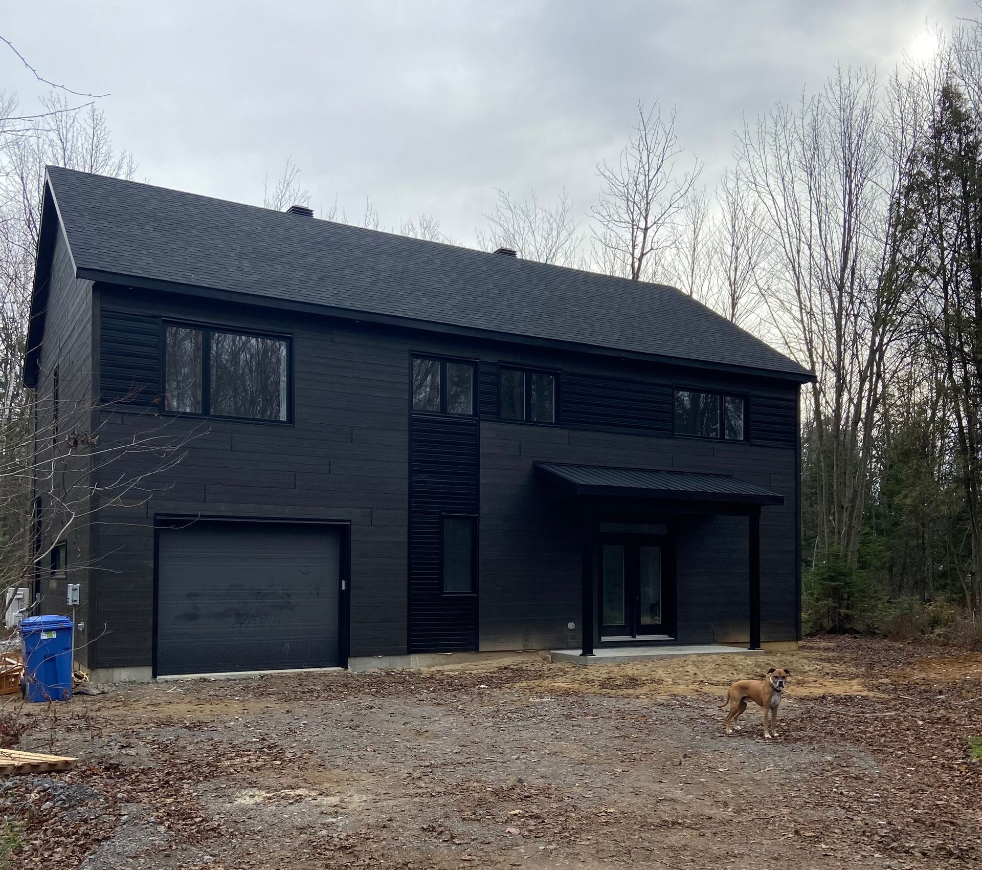 Une maison noire avec un chien devant