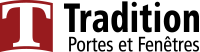 A red and white logo for tradition portes et fenêtres