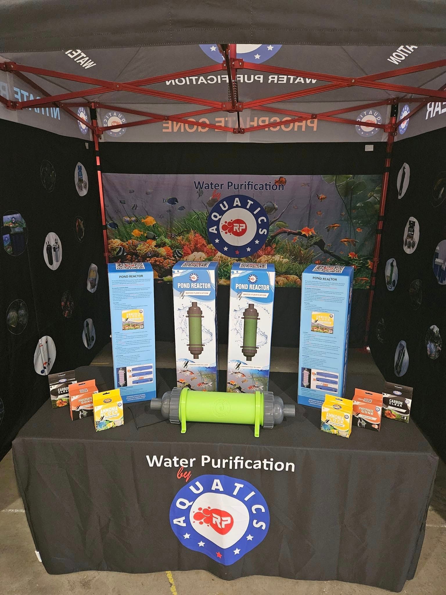 A table with a sign that says water purification on it