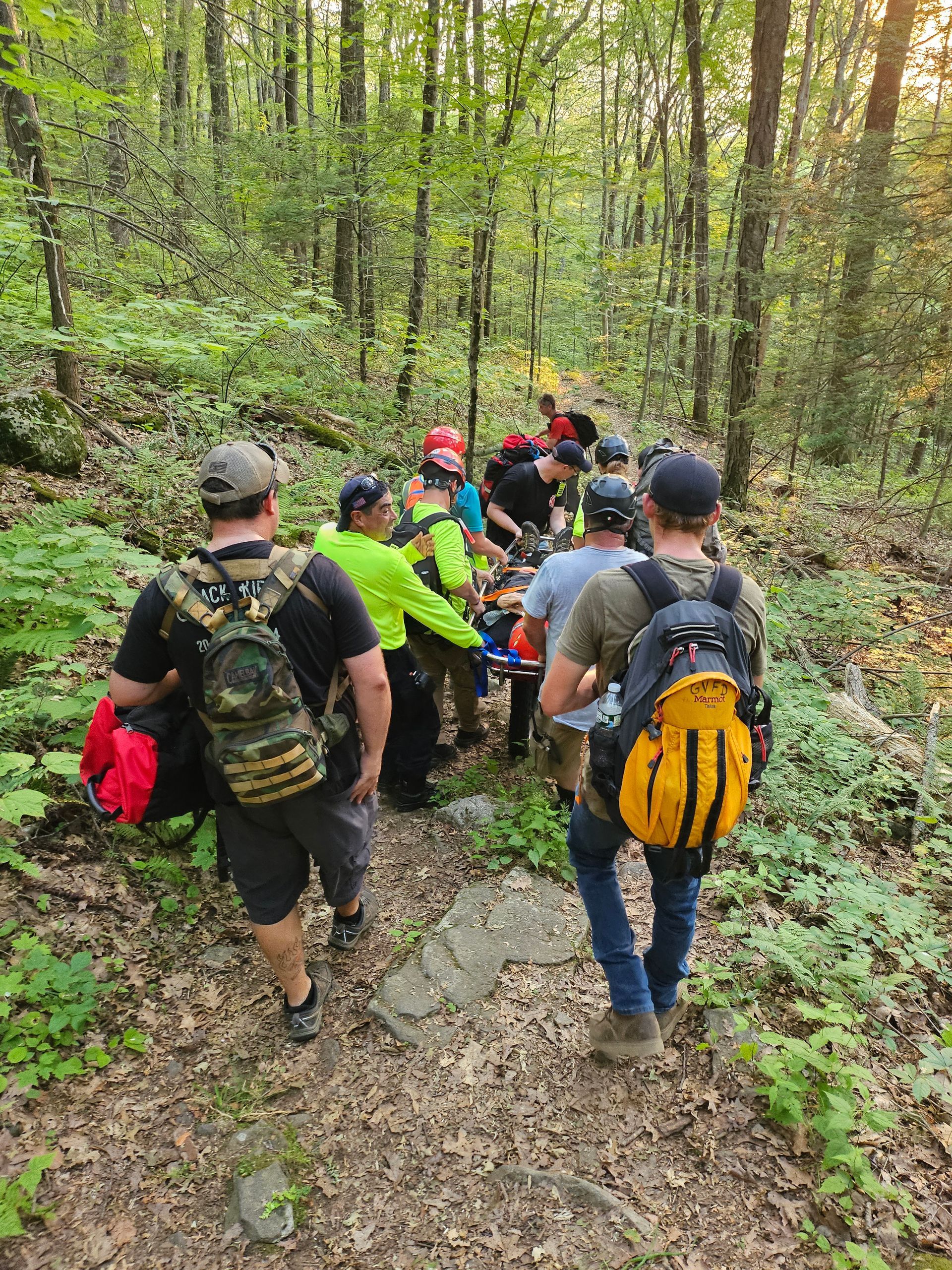 A group of people are walking down a path in the woods.