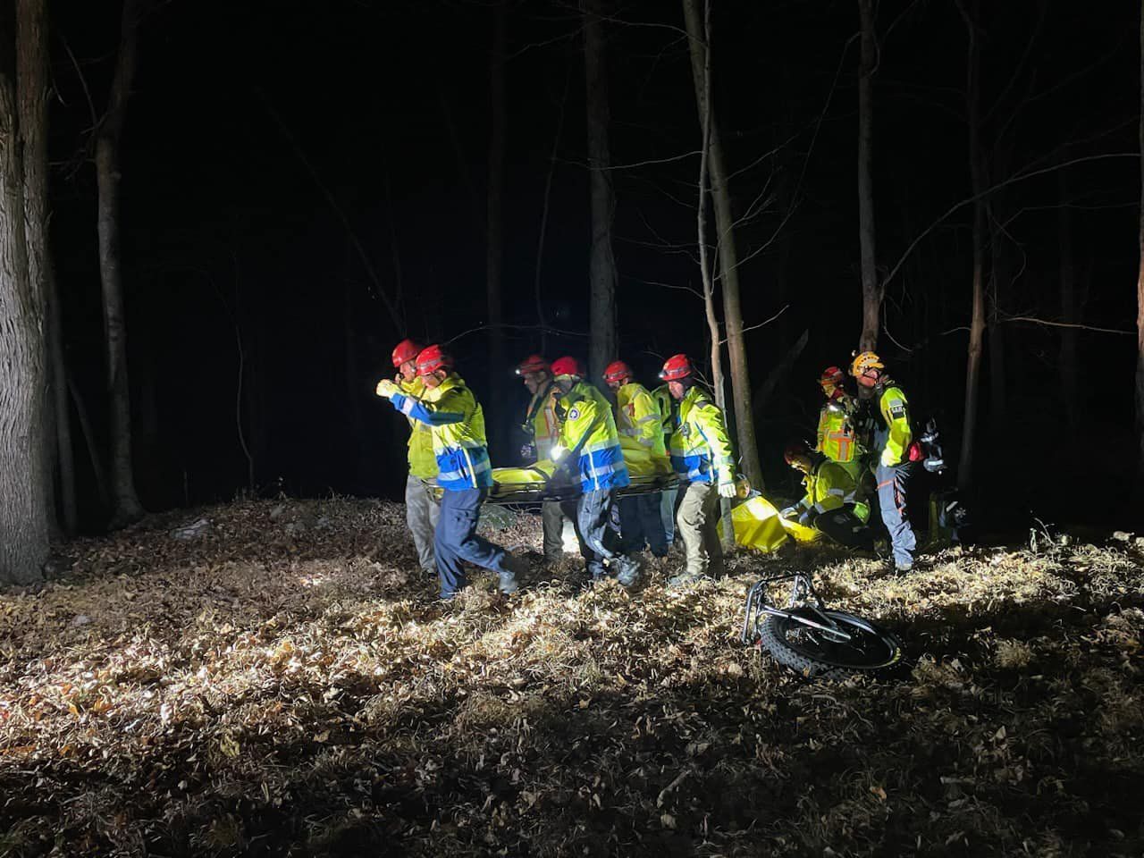 A group of people are carrying a stretcher through the woods at night.