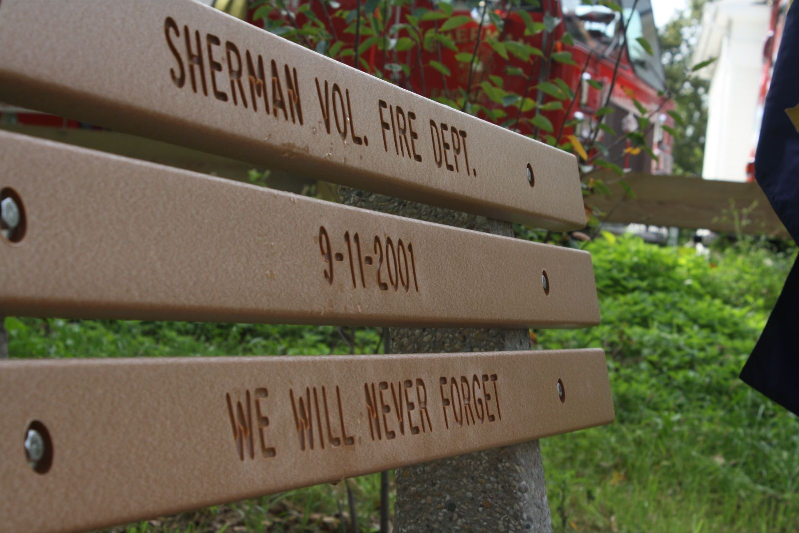 A memorial bench for the sherman vol fire department