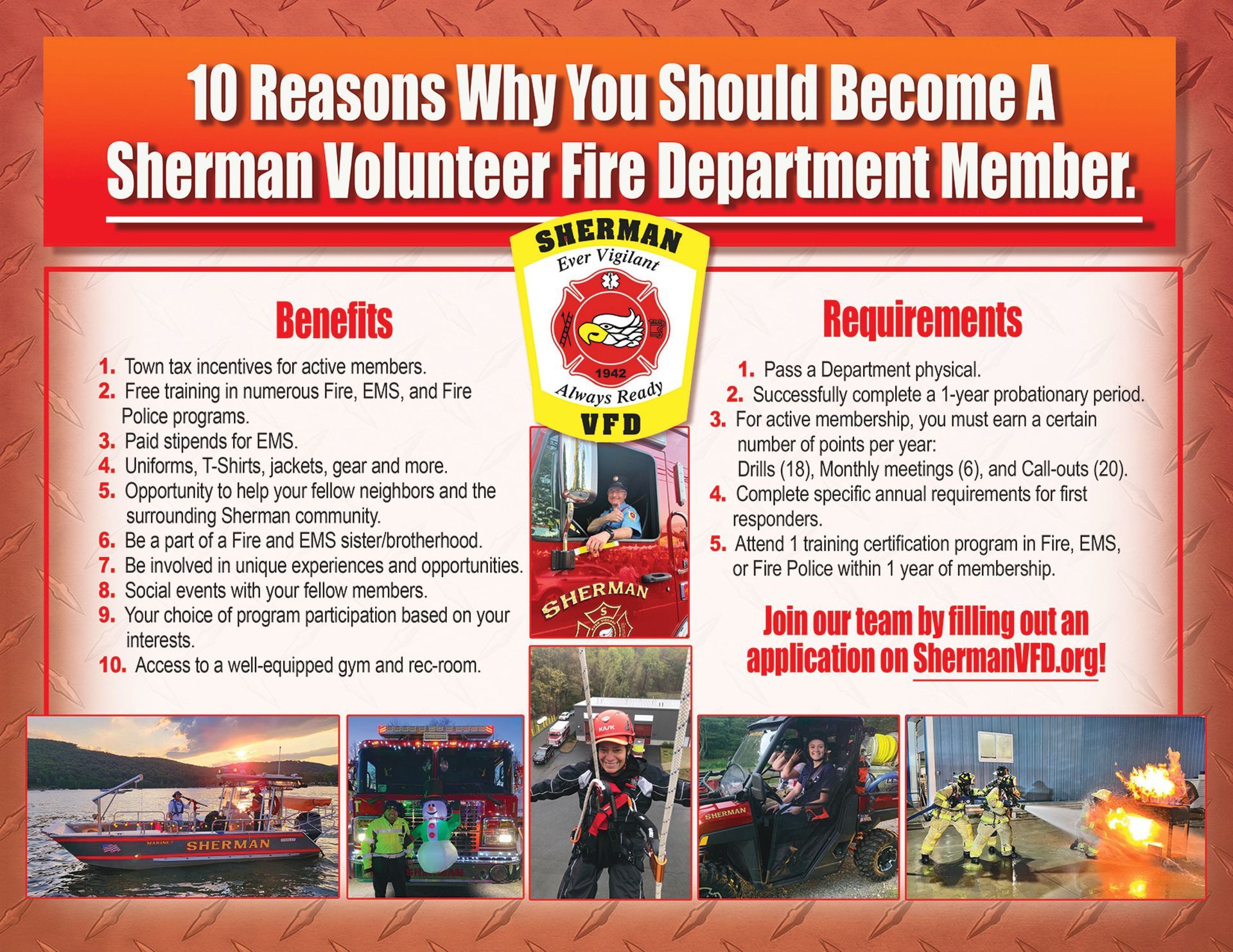 A poster that says 10 reasons why you should become a sherman volunteer fire department member