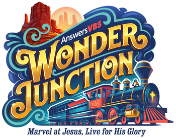 The logo for wonder junction VBS.  marvel at jesus , live for his glory