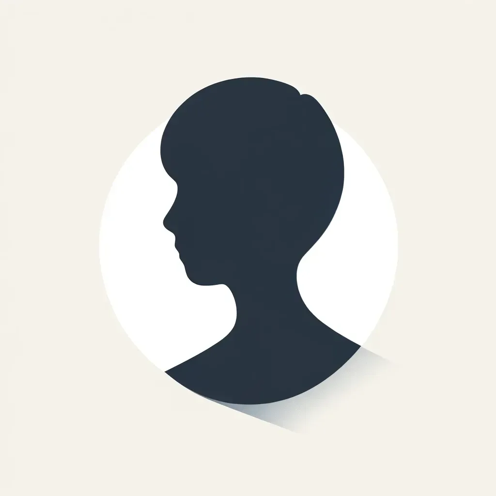 A silhouette of a woman 's head in a circle with a long shadow.