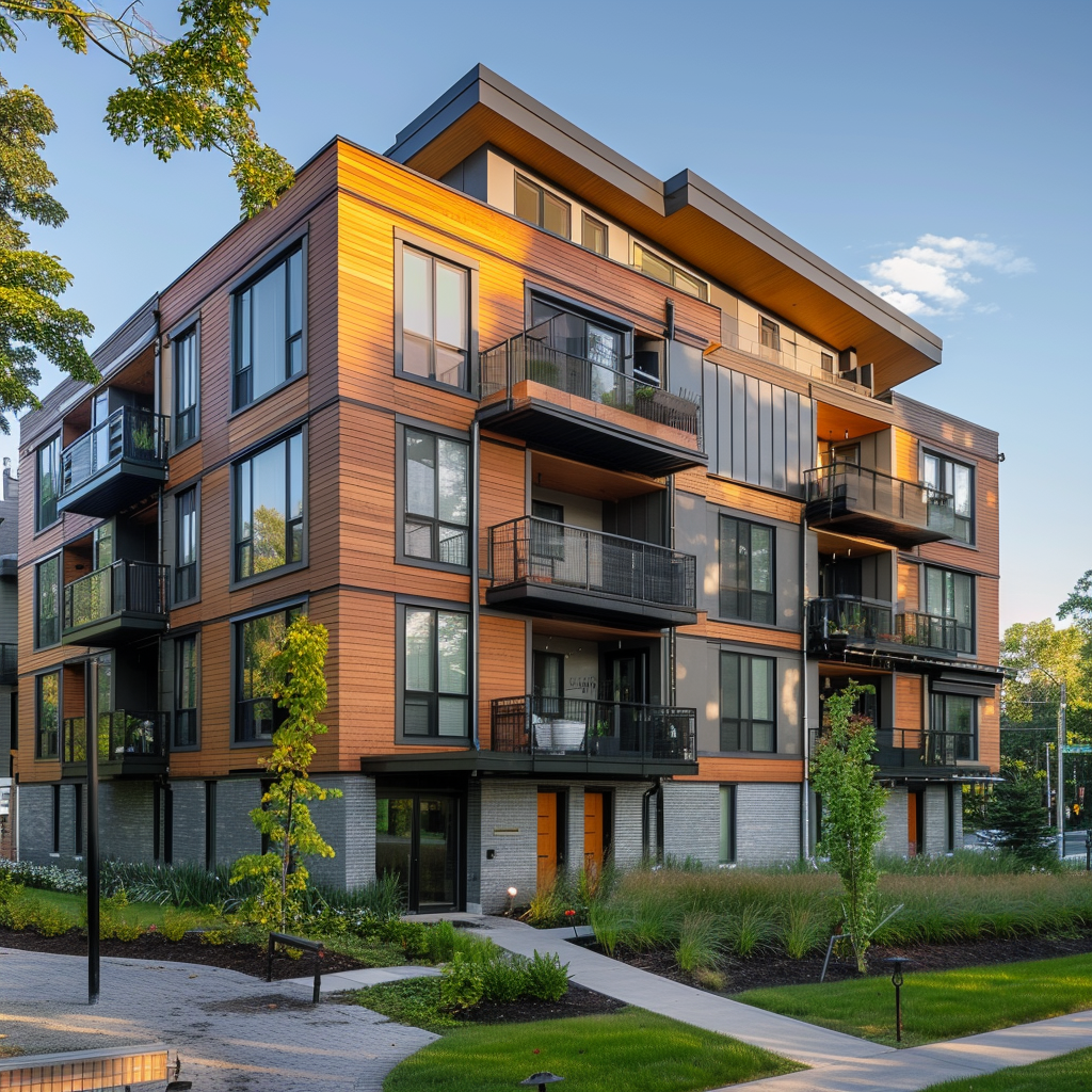 A large apartment building with lots of windows and balconies