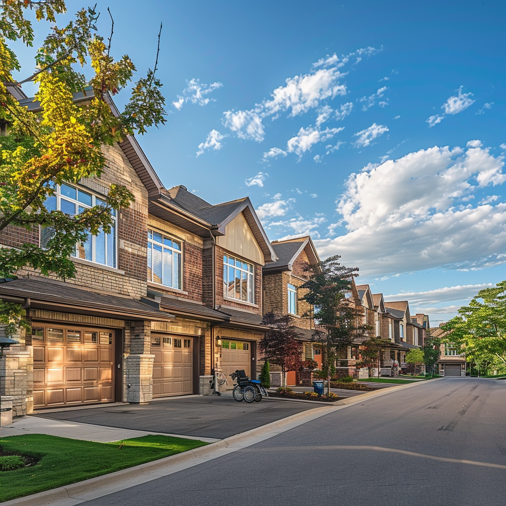A row of houses on a sunny day with a blue sky in the background