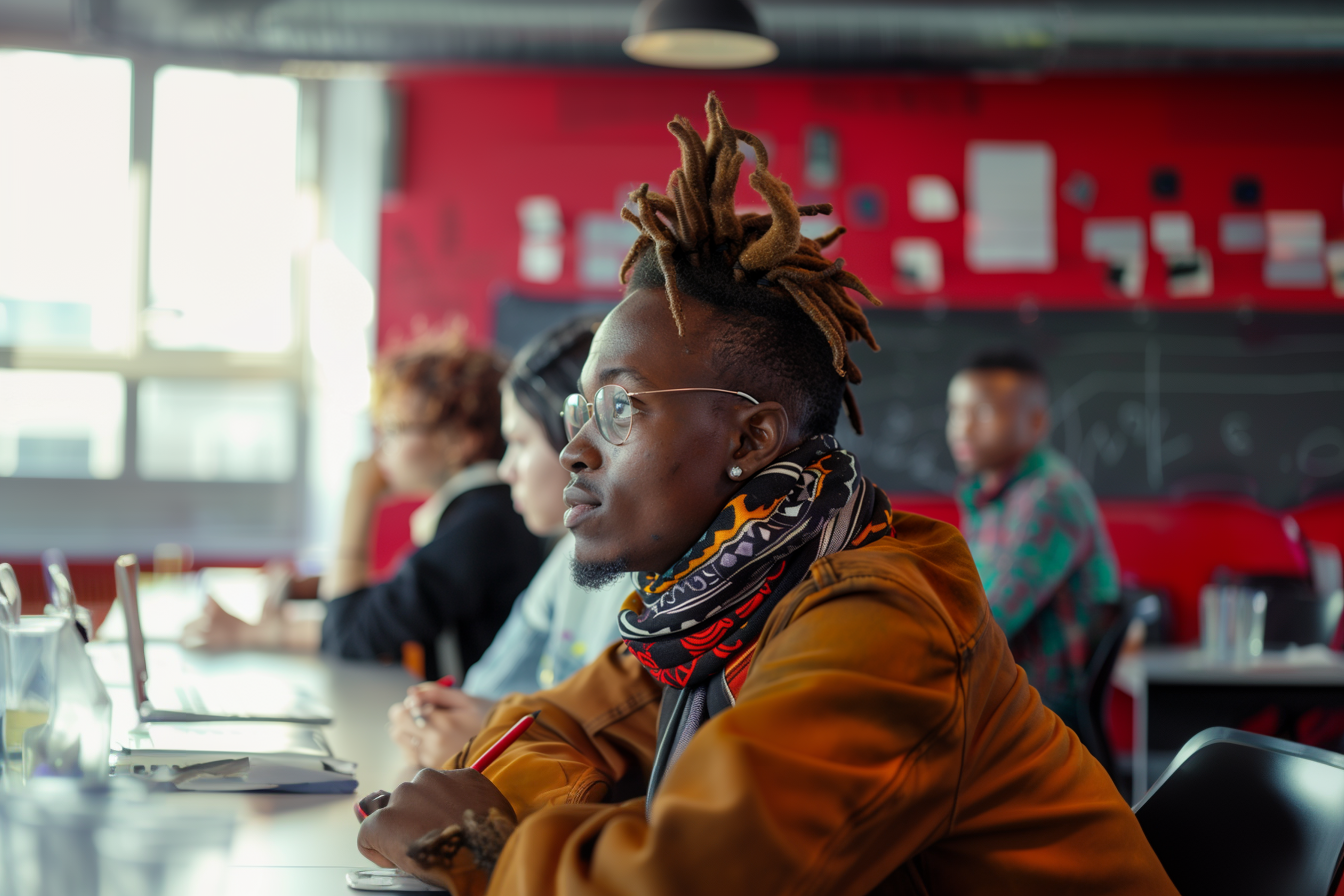 A group of people are sitting at a table with laptops.