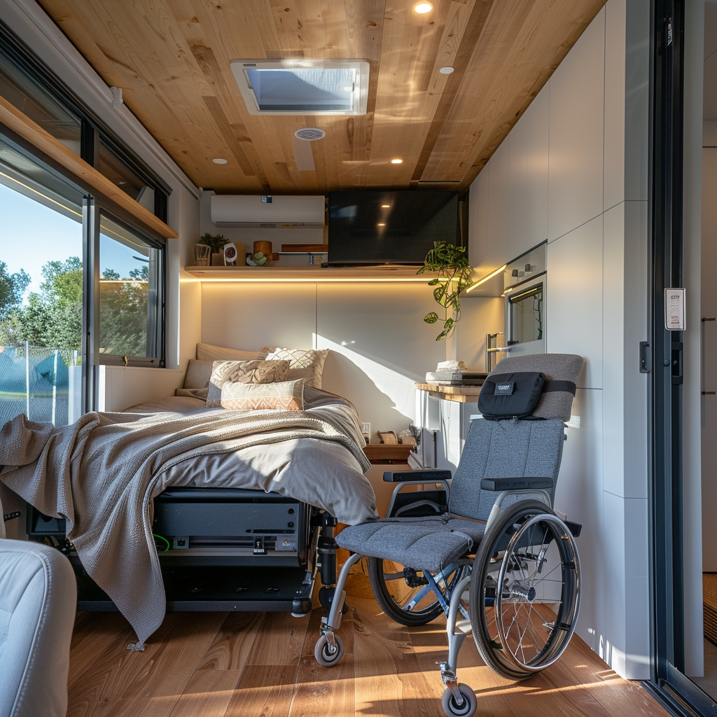 A bedroom with a bed and a wheelchair in it.