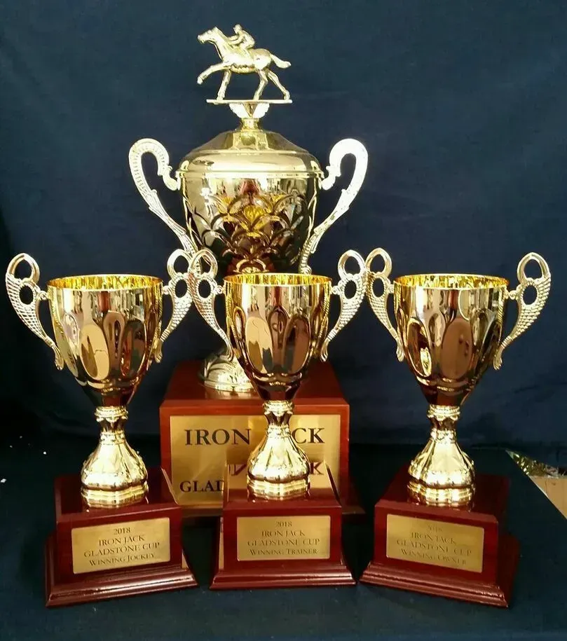 A trophy with a horse on top of it that says iron jock