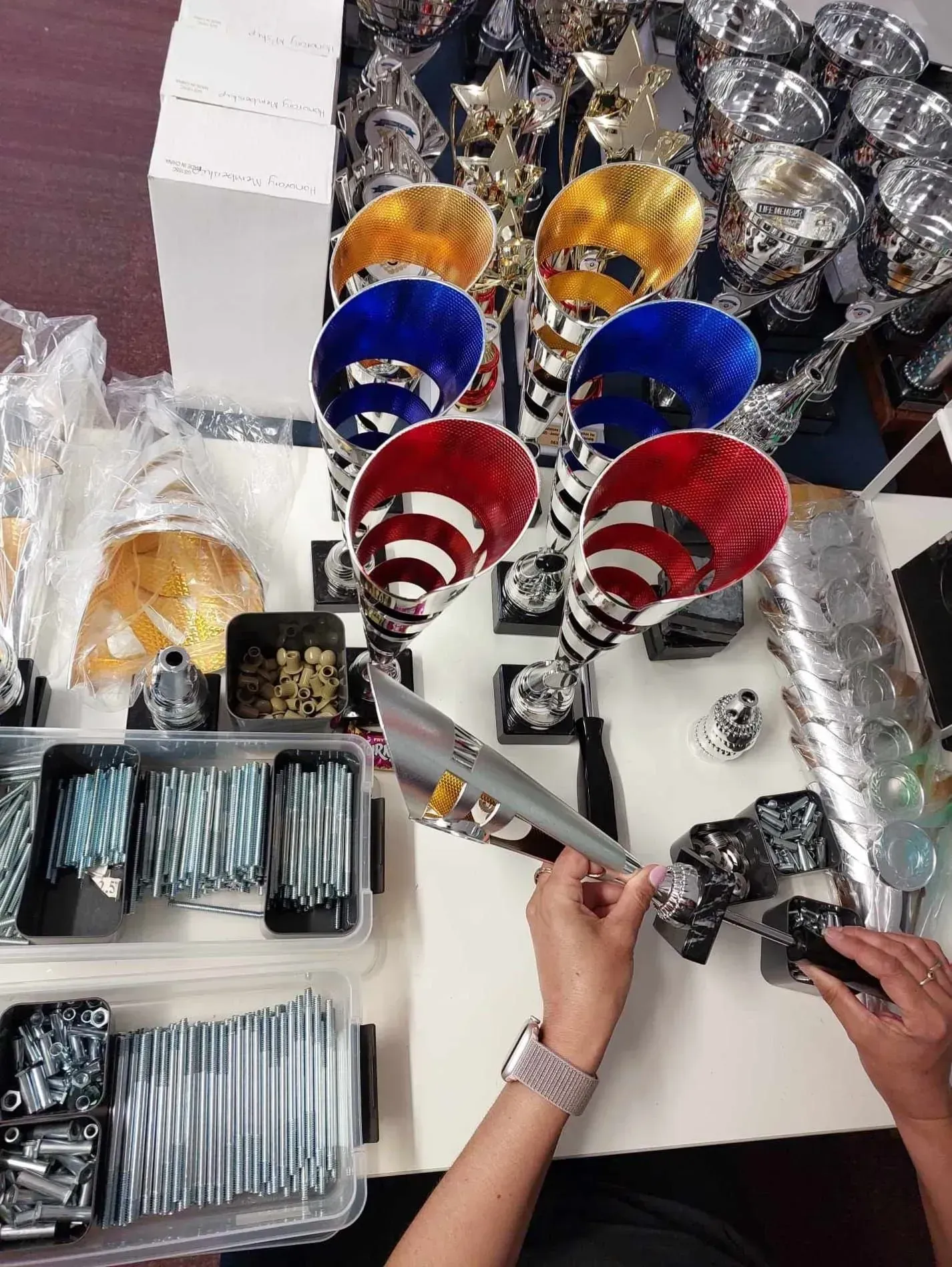 A person is sitting at a table with a bunch of trophies on it.