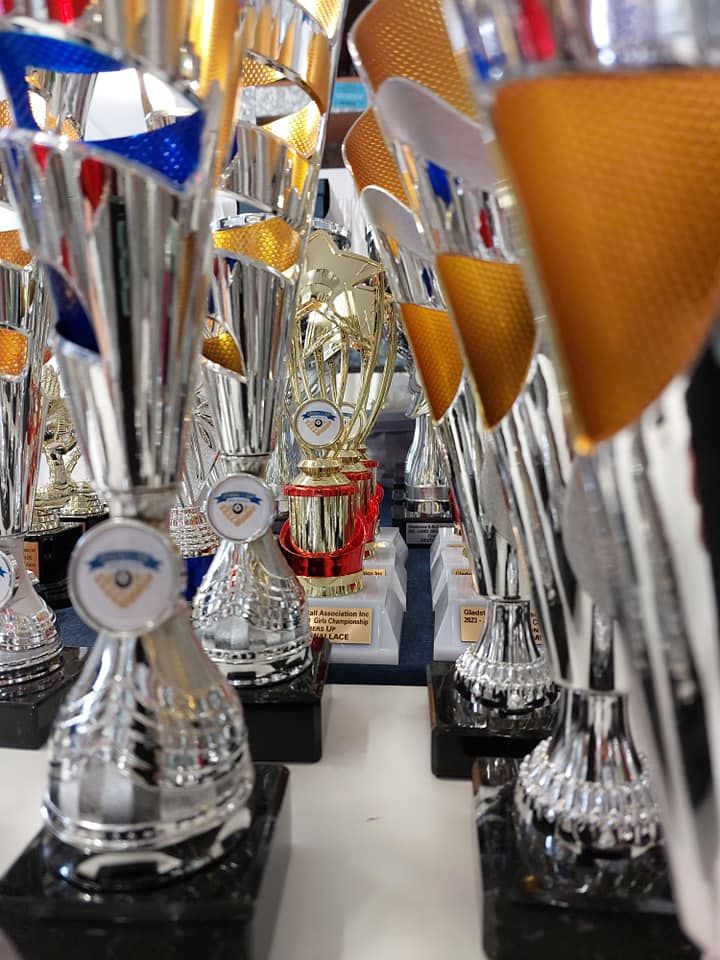 A bunch of trophies are lined up on a table