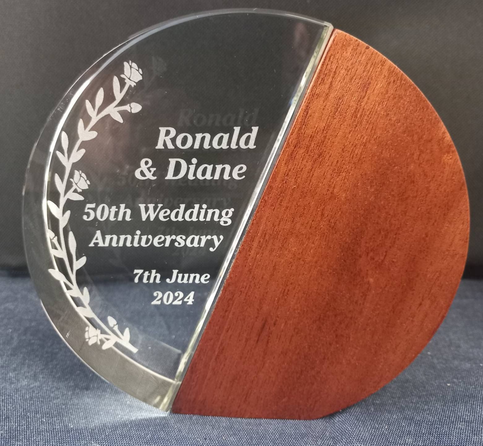 A plaque for the 50th wedding anniversary of ronald and diane