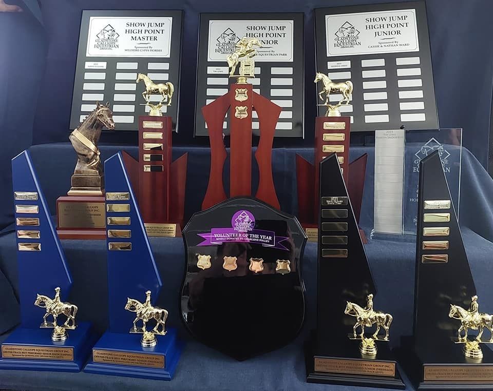 A shelf full of trophies and awards including a purple trophy