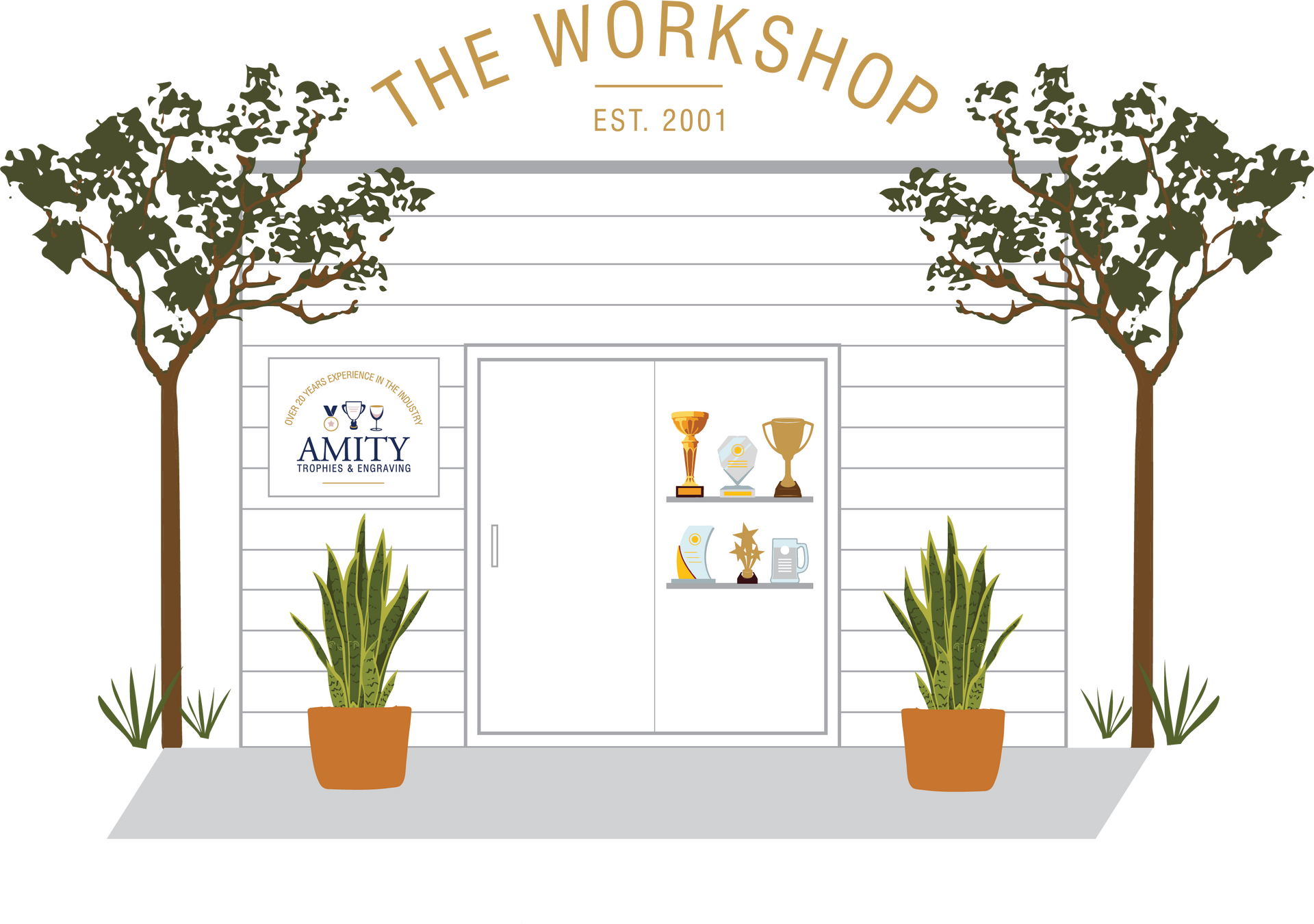 A drawing of a workshop with two potted plants in front of it.