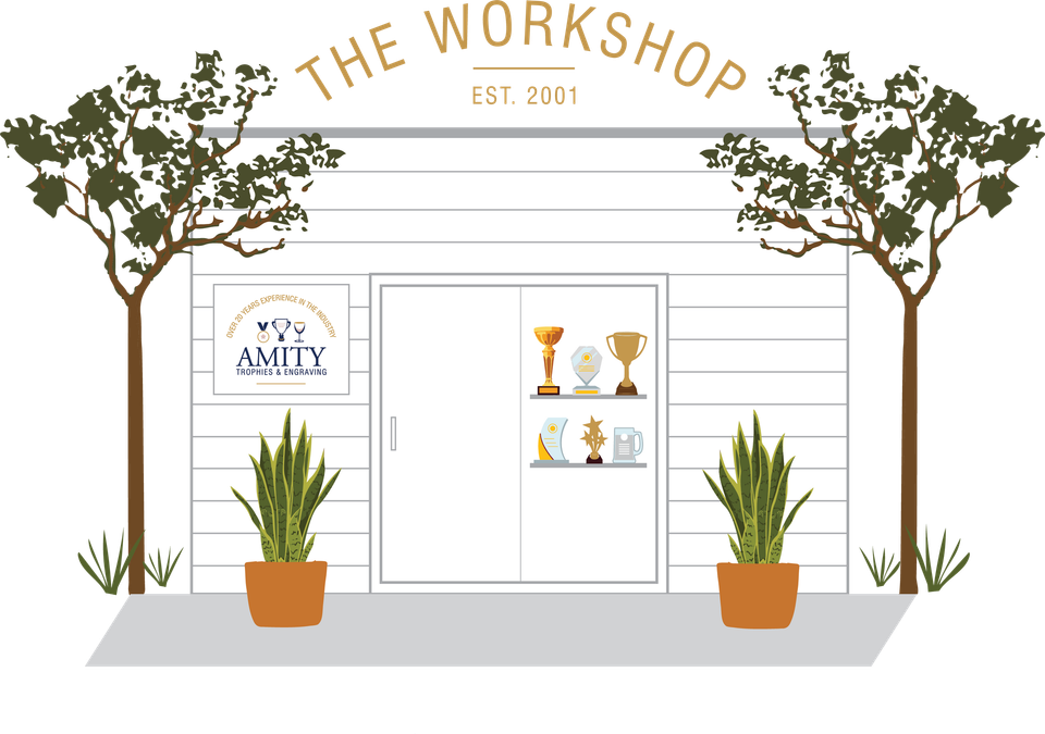 A drawing of a workshop with two potted plants in front of it.