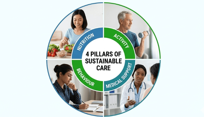 A circular infographic detailing the four pillars of weight management with diverse individuals. The quadrants show an Asian woman for Nutrition, an older White man for Activity, a South Asian woman for Behaviour, and a Black female doctor for Medical Support. The center text reads 
