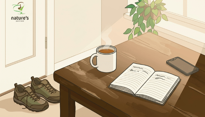 A calm morning table with a cup of tea, a notebook, walking shoes and a house plant, representing small daily habits that support physical and emotional wellness.