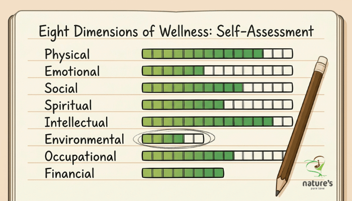 A notebook page rating the eight dimensions of wellness out of ten, with the lowest scoring area circled, showing how to choose one dimension to focus on first.